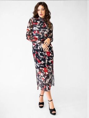 Adrienne Landau Multi-Color Abstract Sheer Midi Dress
